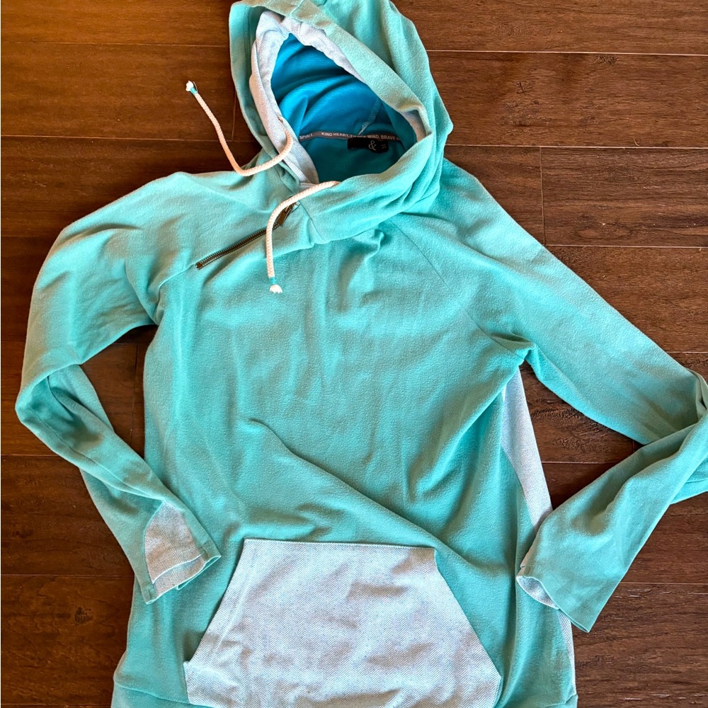 Ampersand Ave aqua blue double hoodie with white herringbone accents